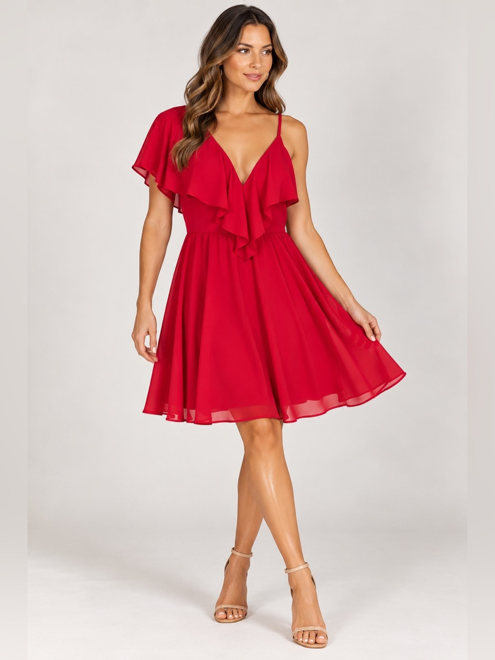 Dress The Population Red Asymmetrical Claudia Sleeveless Ruffle Fit & Flare XXL